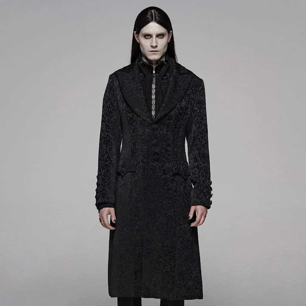 Men's Goth Turn-down Collar Single-breasted Jacquard Long Overcoat