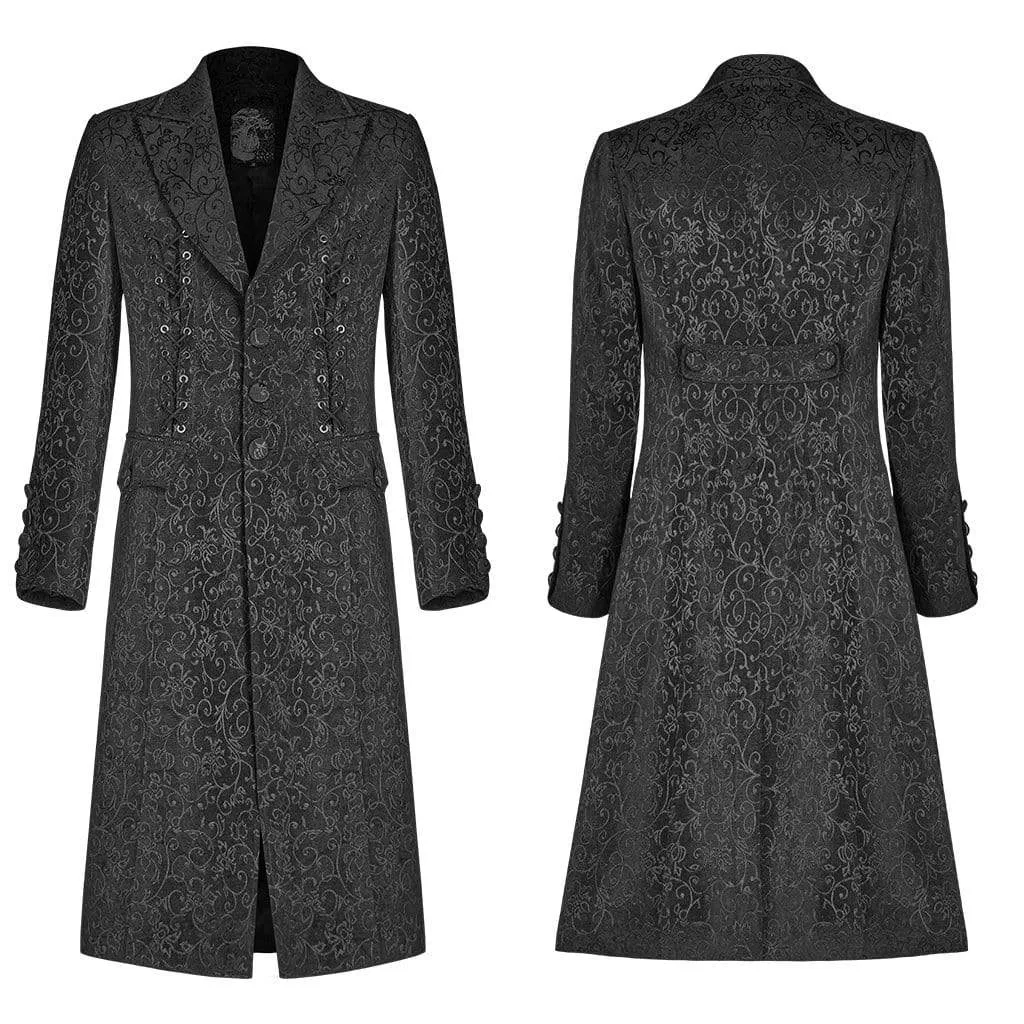 Men's Goth Turn-down Collar Single-breasted Jacquard Long Overcoat