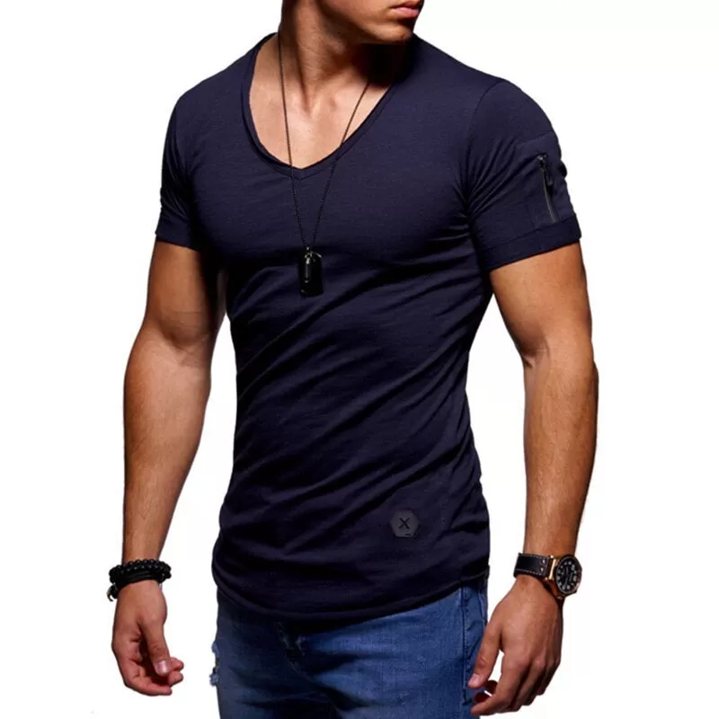 Men's V-neck T-shirt Fitness Bodybuilding T-shirt High Street Summer Short-Sleeved Zipper Casual Cotton Top