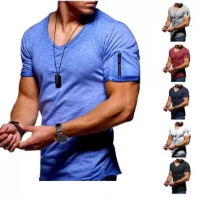 Men's V-neck T-shirt Fitness Bodybuilding T-shirt High Street Summer Short-Sleeved Zipper Casual Cotton Top