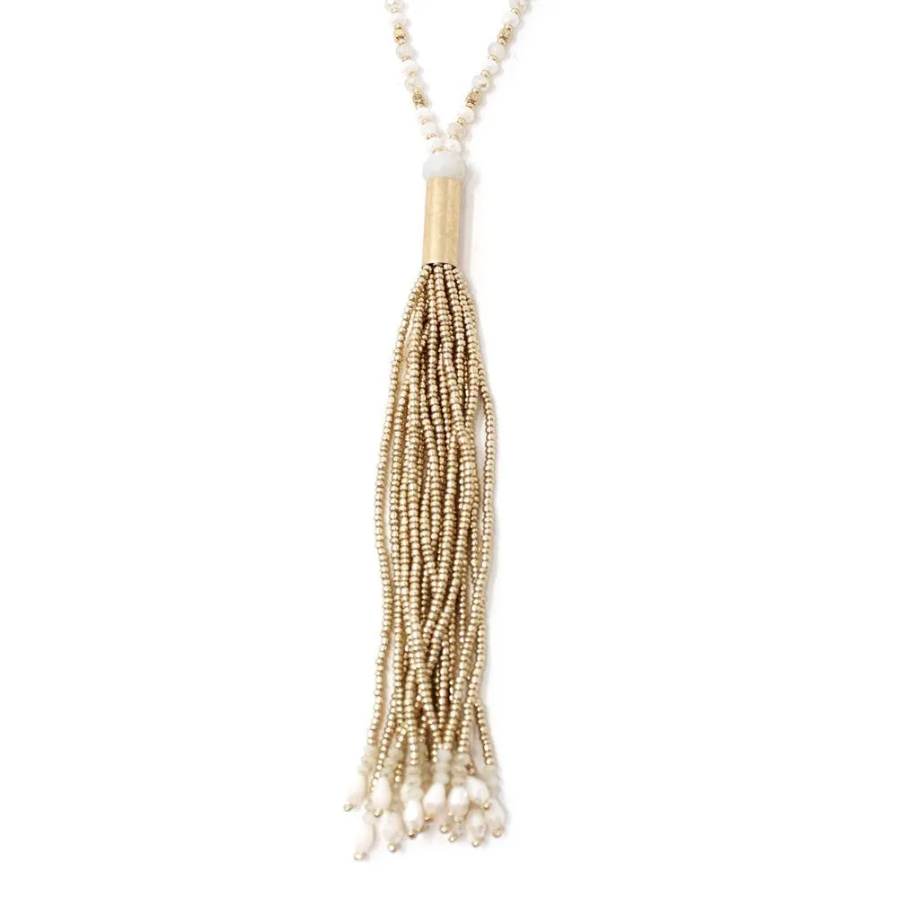 Nat Glass Bead Long Neck With Beaded Tassel Gold T