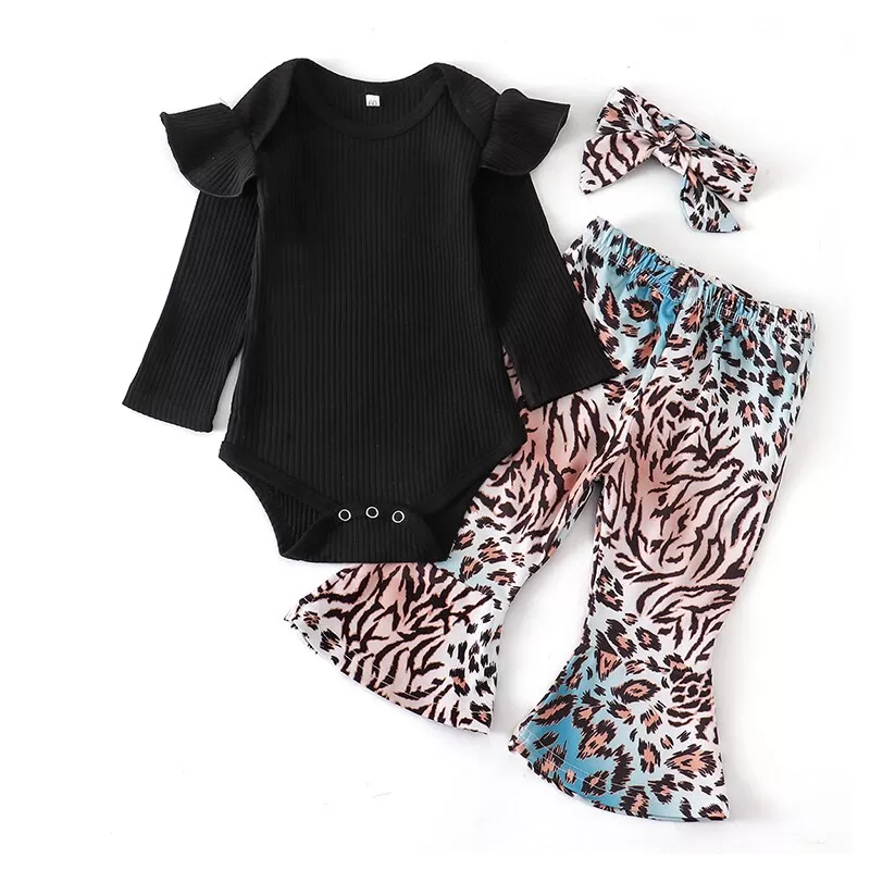 Newborn Black Romper Leopard Pants Headband 3Pcs Outfits