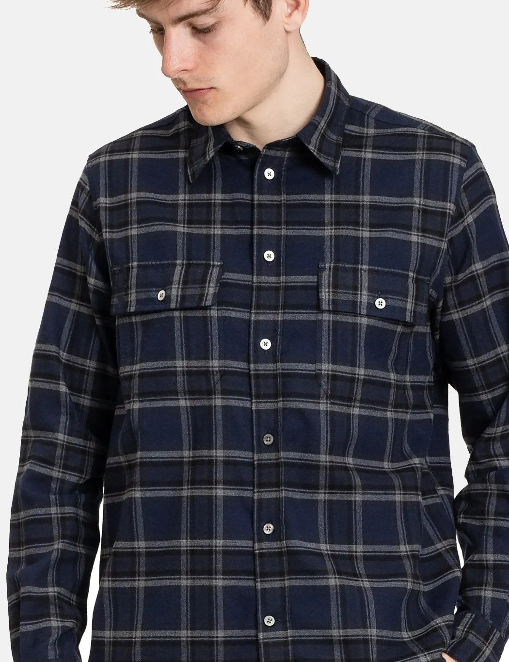 Norse Projects Villads Brushed Flannel Check Shirt - Dark Navy Blue Check