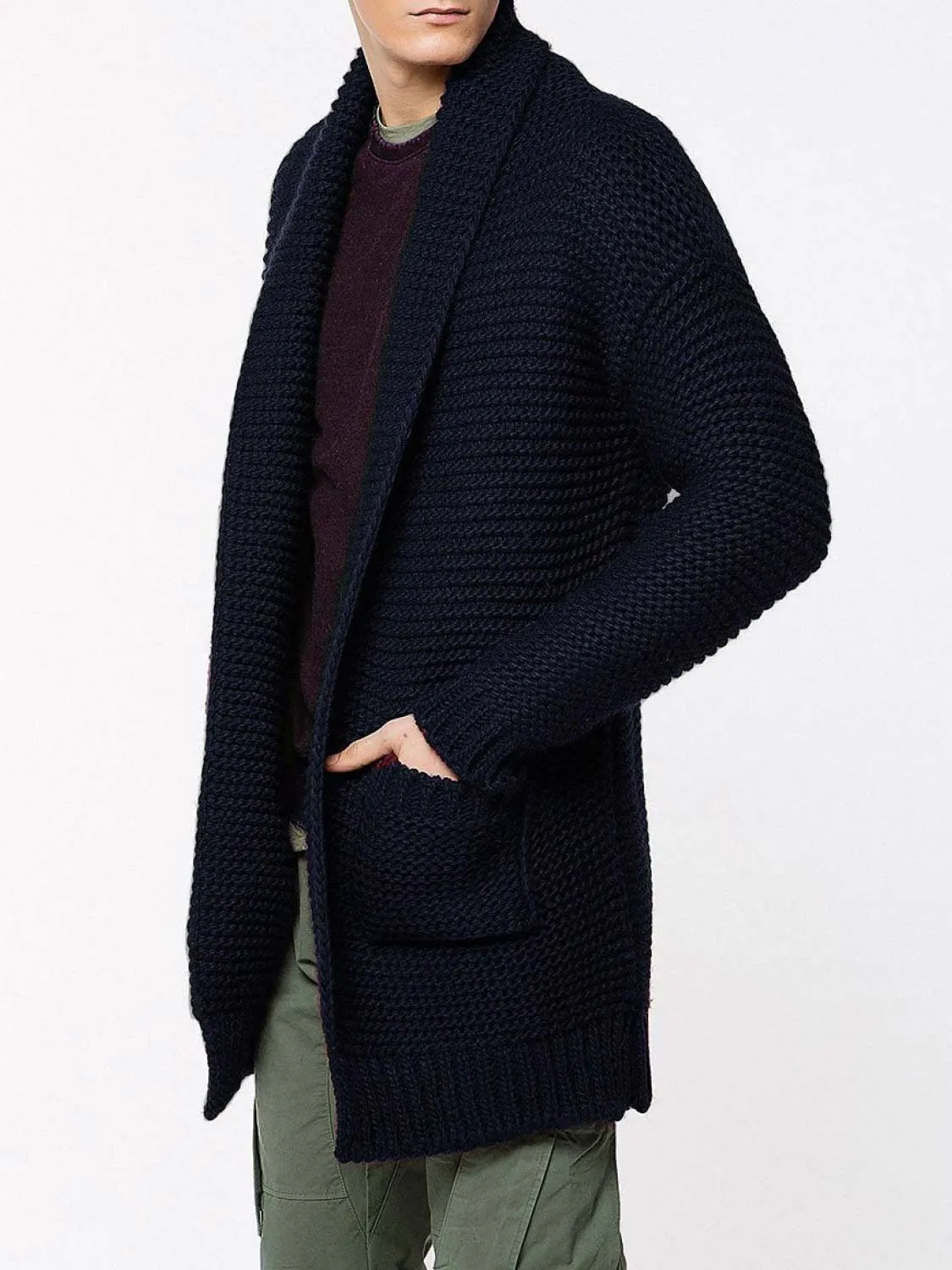 Oversized Shawl Collar Wool Blend Cardigan Navy Blue