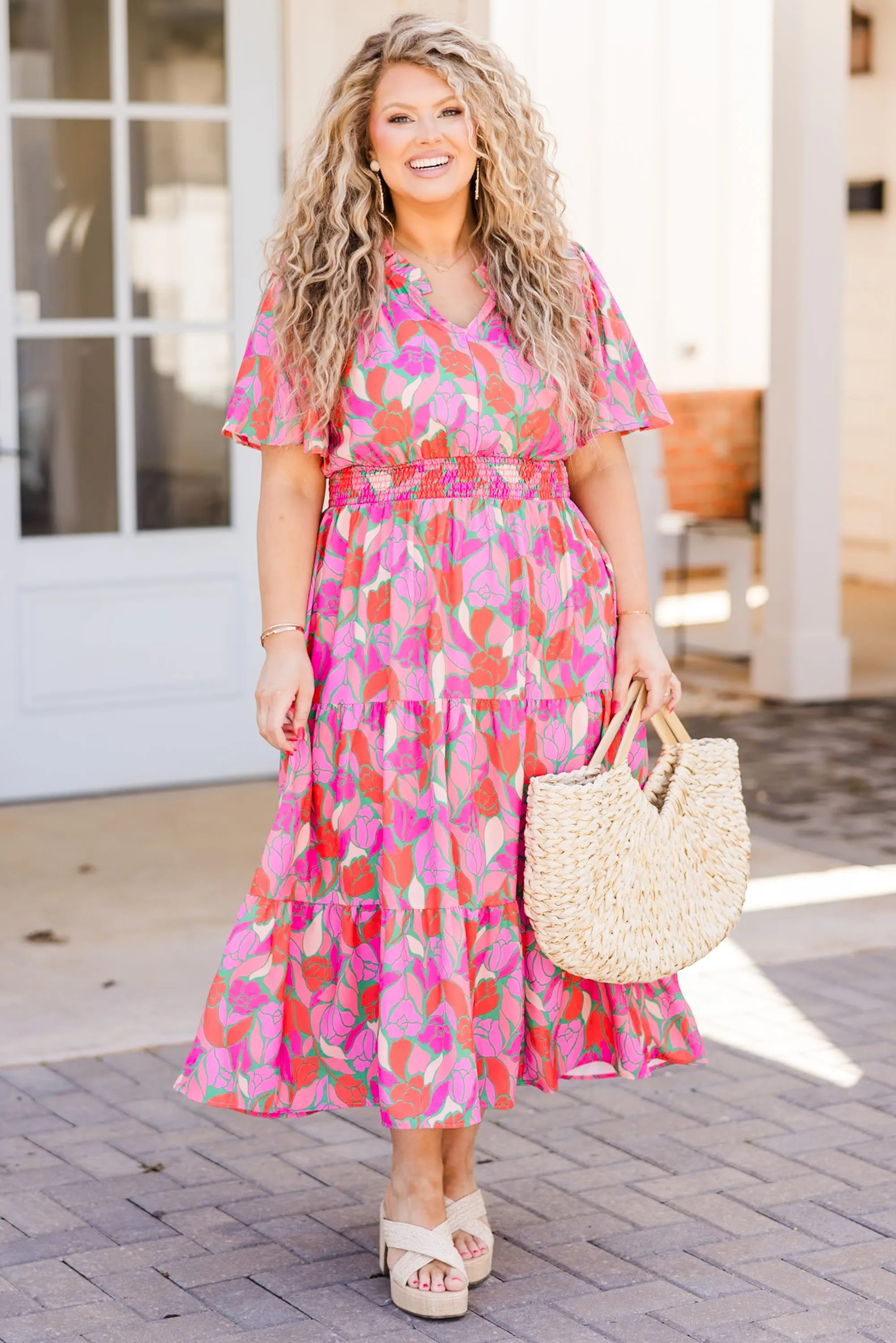 Plant Smiles Maxi Dress, Pink Multi