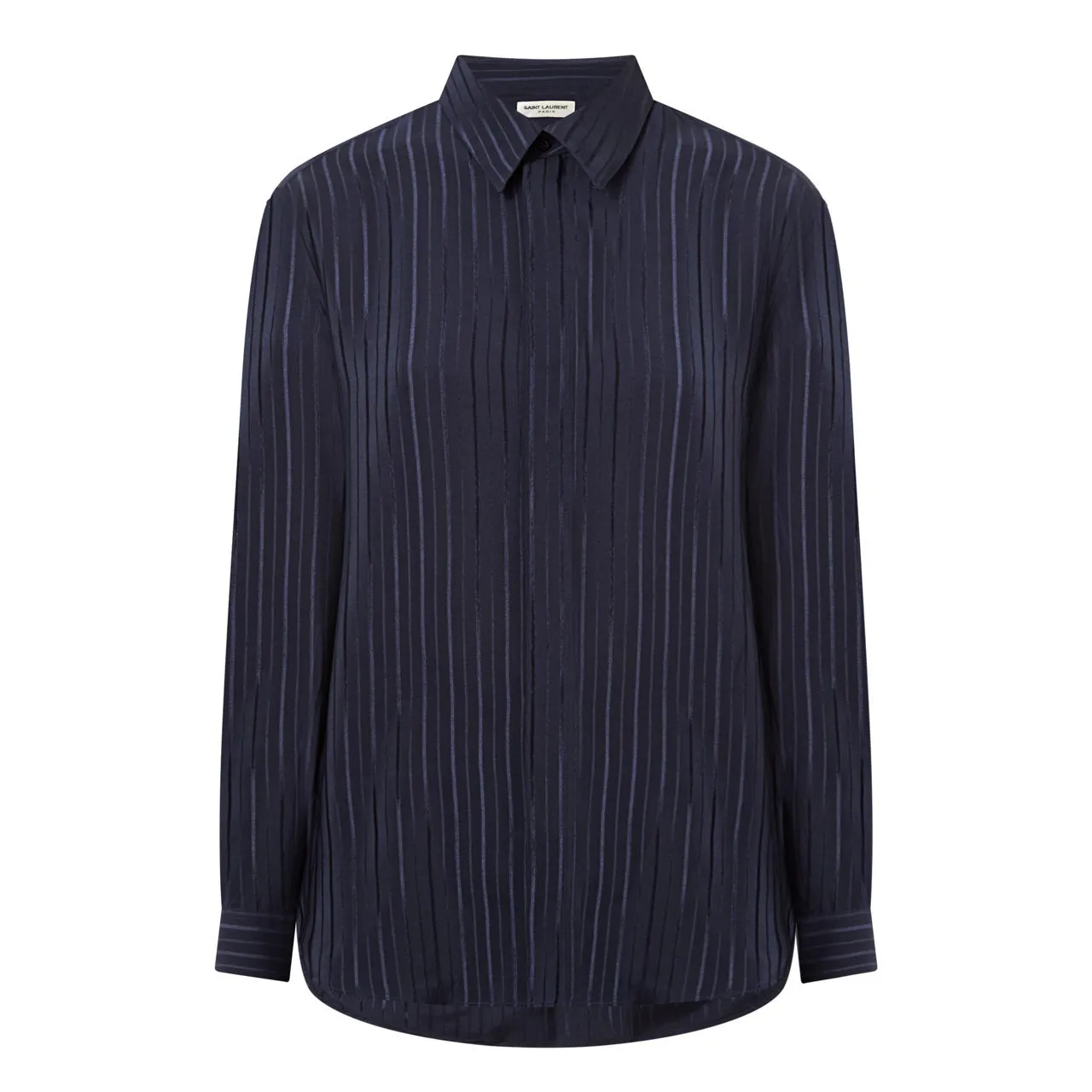 SAINT LAURENT Single-Cuff Striped Silk Shirt - Dark Blue 4140