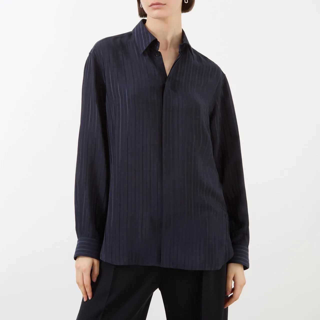 SAINT LAURENT Single-Cuff Striped Silk Shirt - Dark Blue 4140