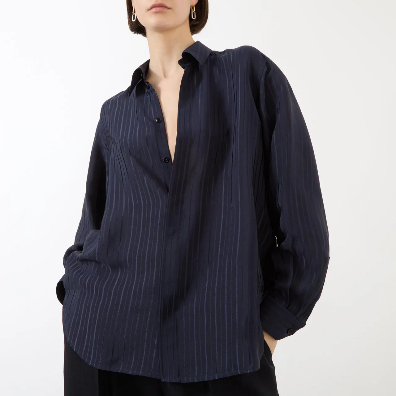 SAINT LAURENT Single-Cuff Striped Silk Shirt - Dark Blue 4140