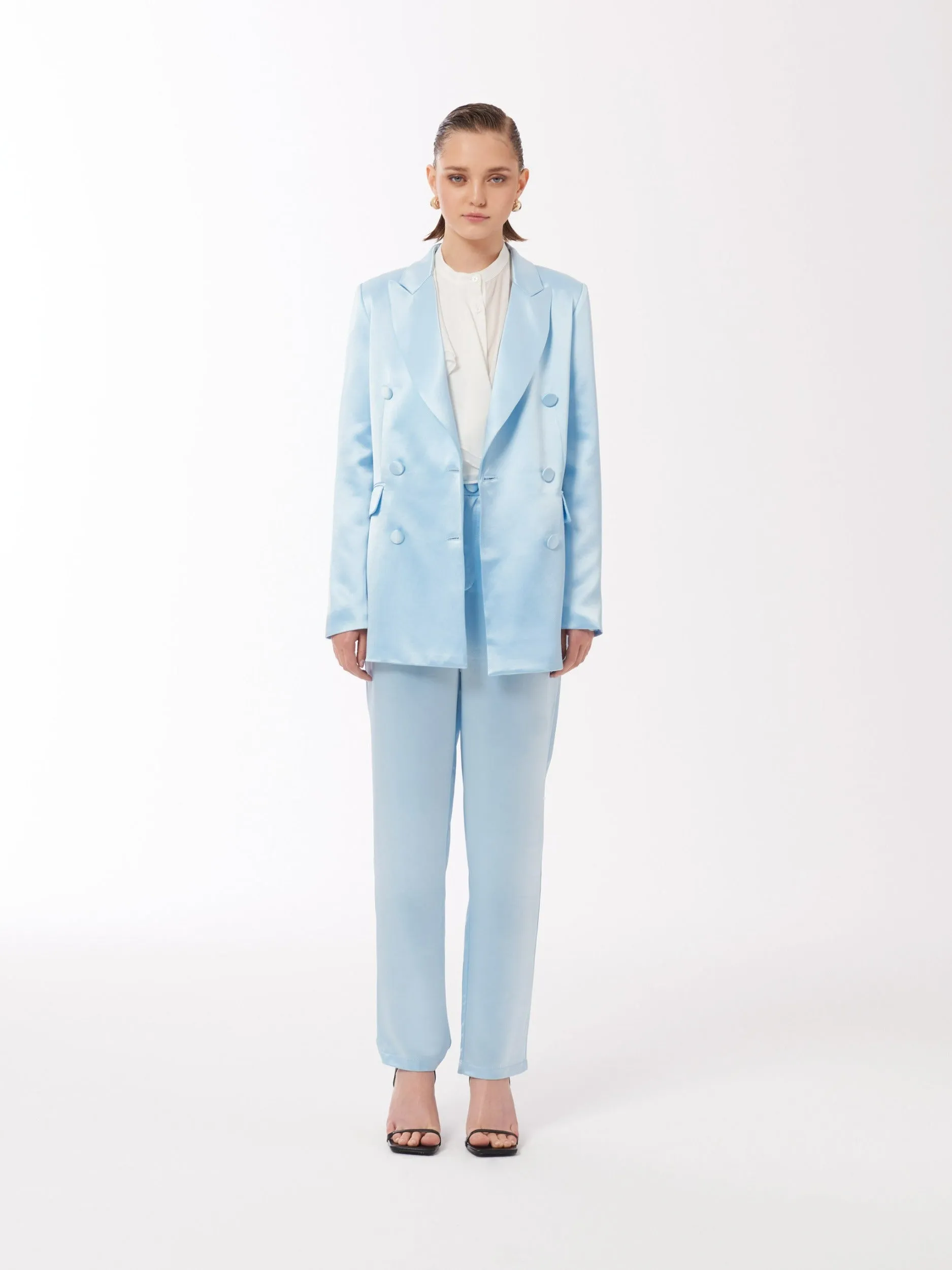 Satin Double-Breasted Blazer Jacket in Baby Blue