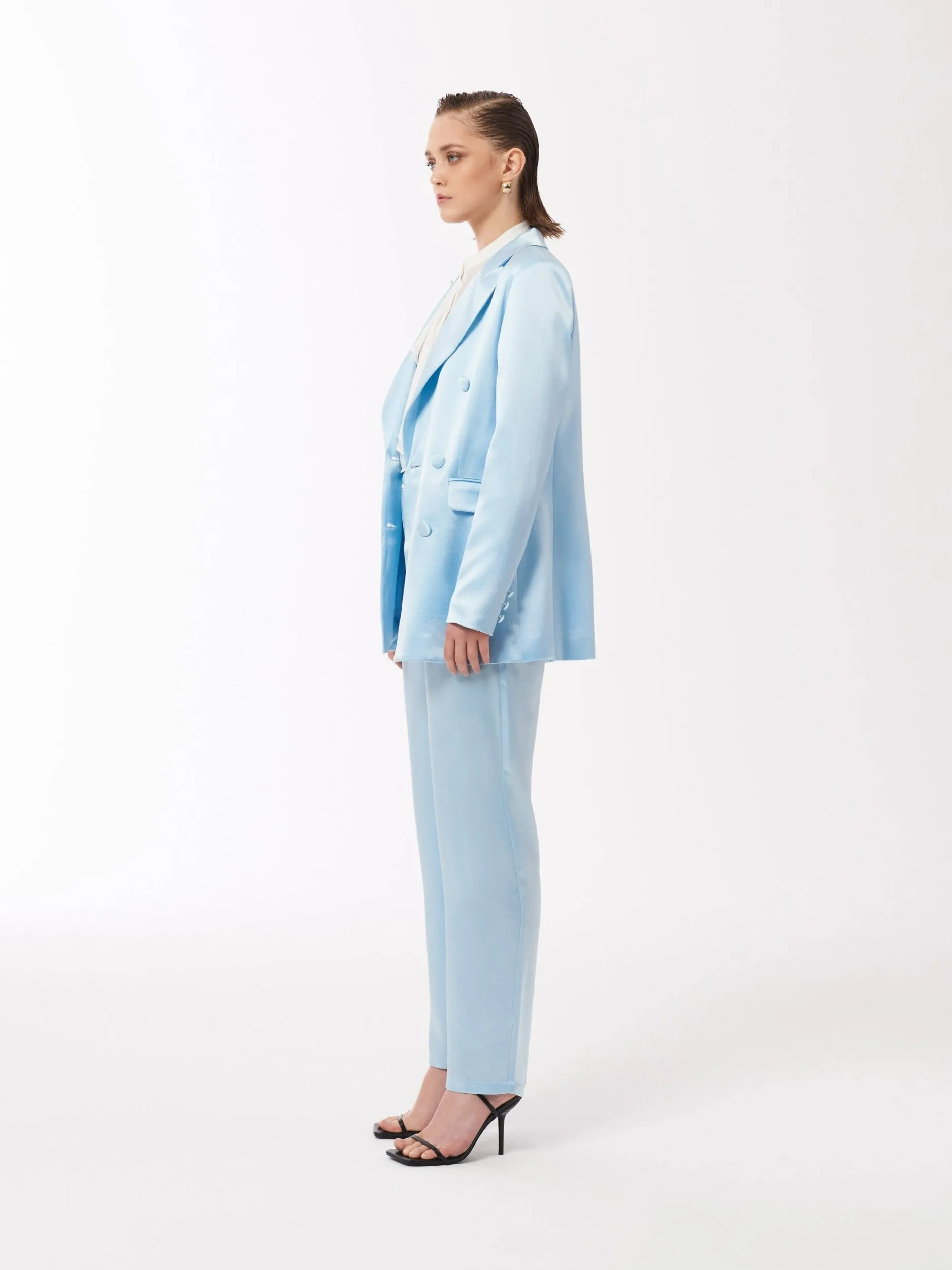 Satin Double-Breasted Blazer Jacket in Baby Blue