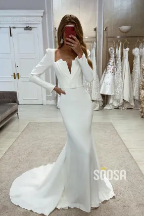 Satin Trumpet Long Sleeve Belt With Train Beach Wedding Dress QW8096