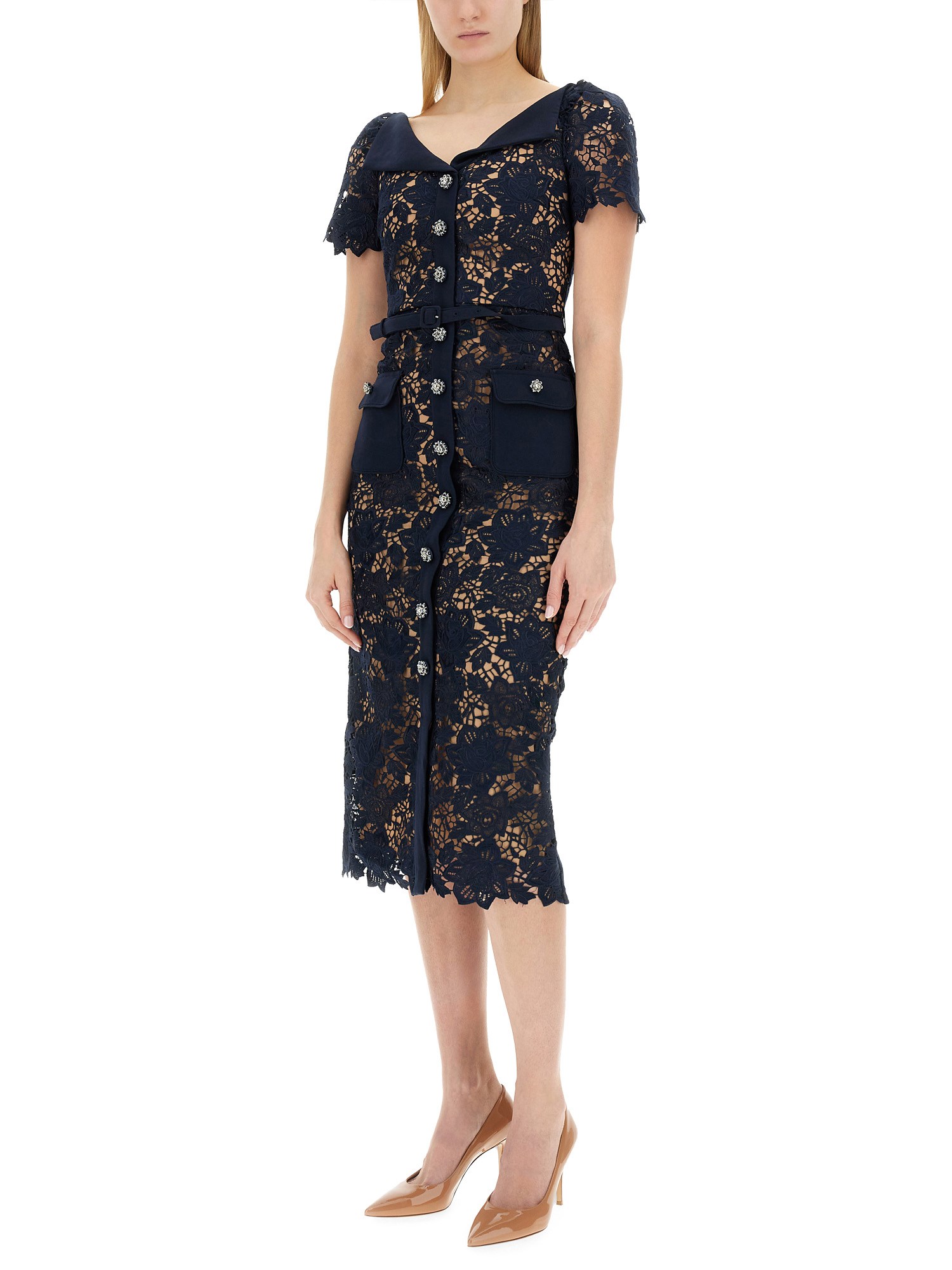 SELF-PORTRAIT    MIDI DRESS WITH OPEN LACE COLLAR