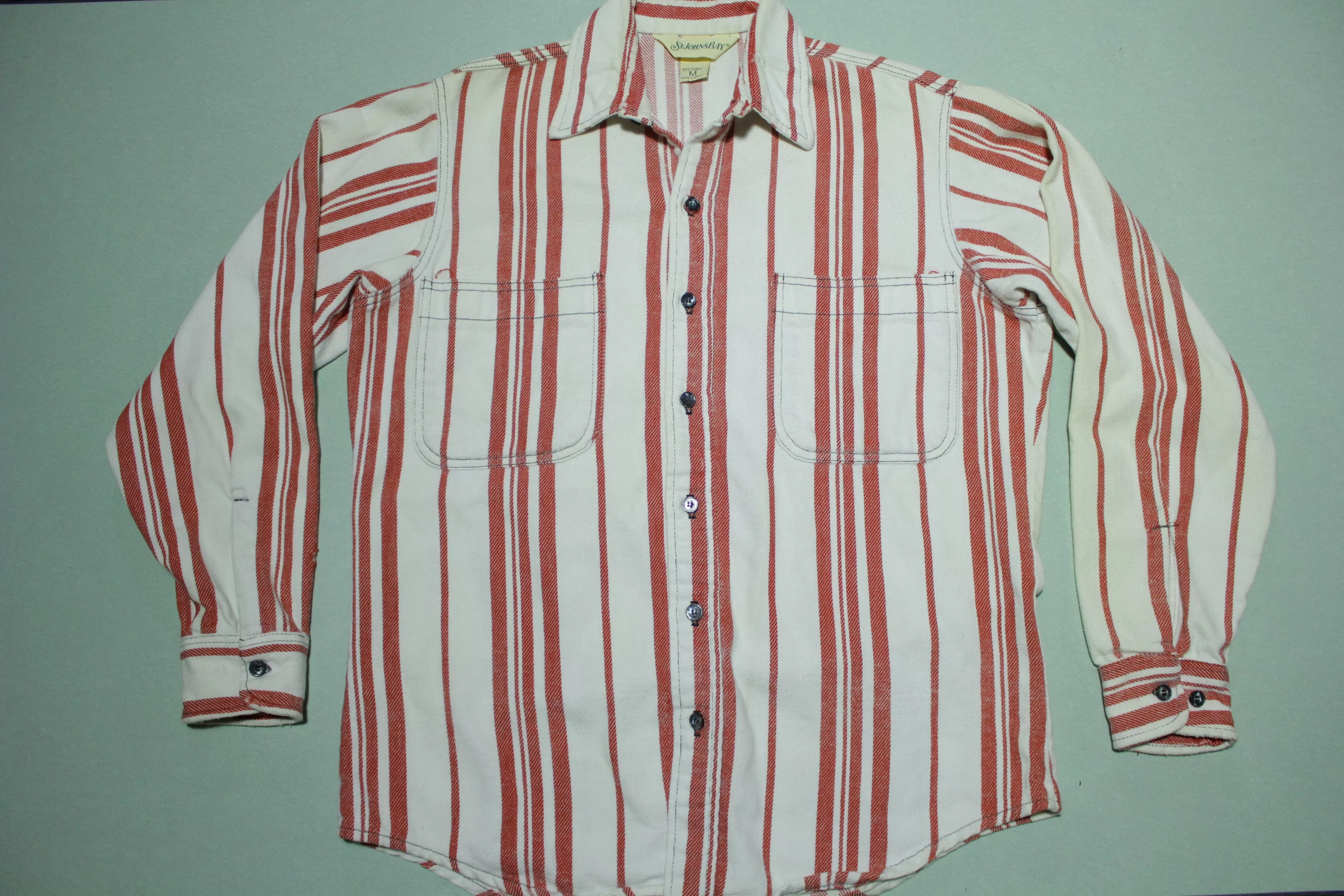 St John's Bay Vintage 90's Made in USA 100% Cotton Red White Striped Work Shirt