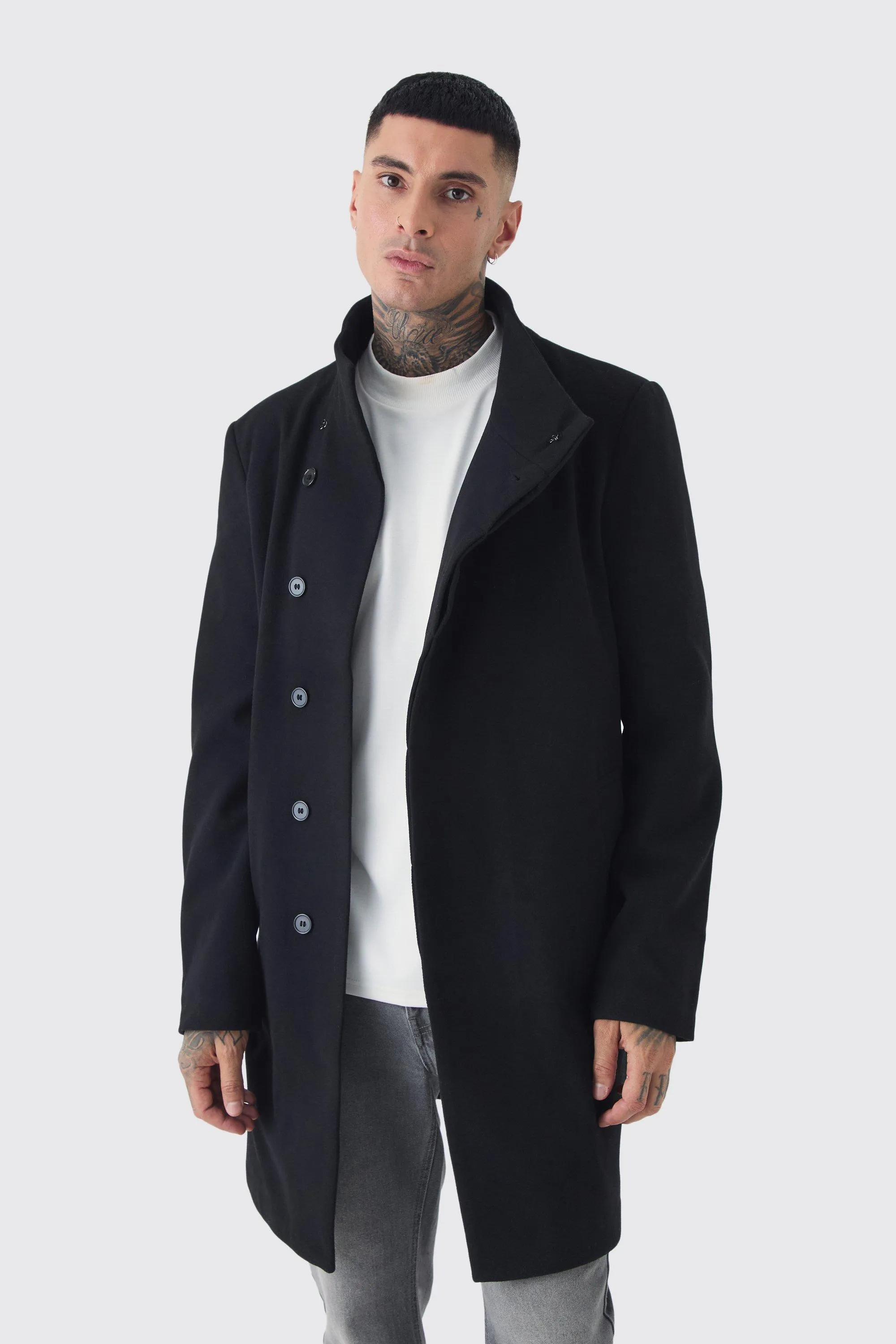 Tall Funnel Neck Wool Look Overcoat in Black | boohooMAN UK