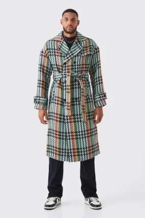 Tall Wool Look Check Double Breasted Overcoat in Green