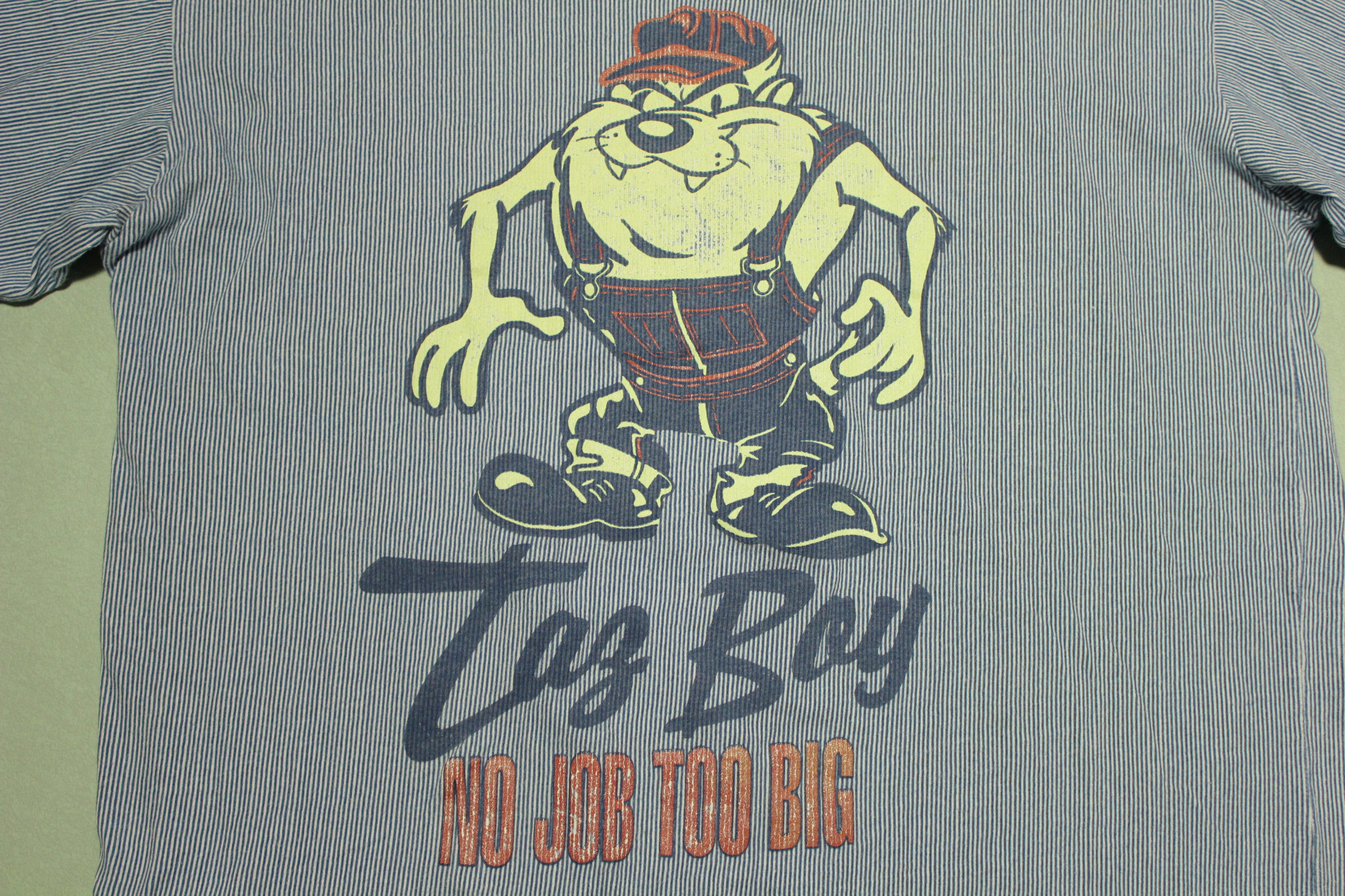 TAZ Boy No Job Too Big 1994 Pinstriped Vintage 90's Looney Tunes WB Cartoon T-Shirt