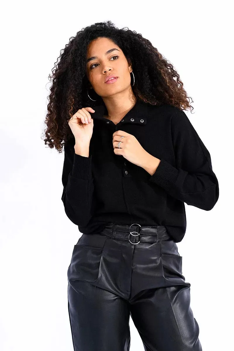 The High Neck Buttoned Sweater - Black