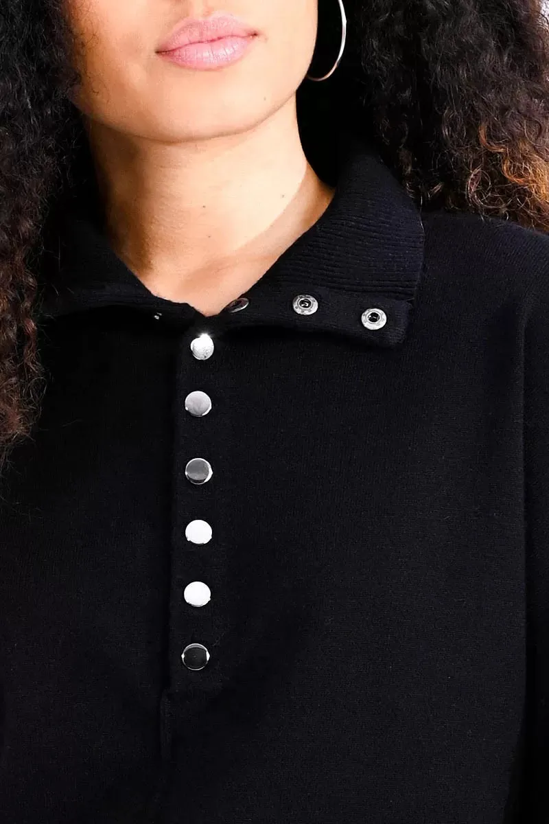 The High Neck Buttoned Sweater - Black