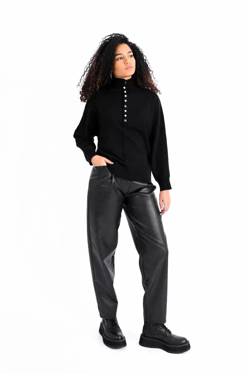 The High Neck Buttoned Sweater - Black