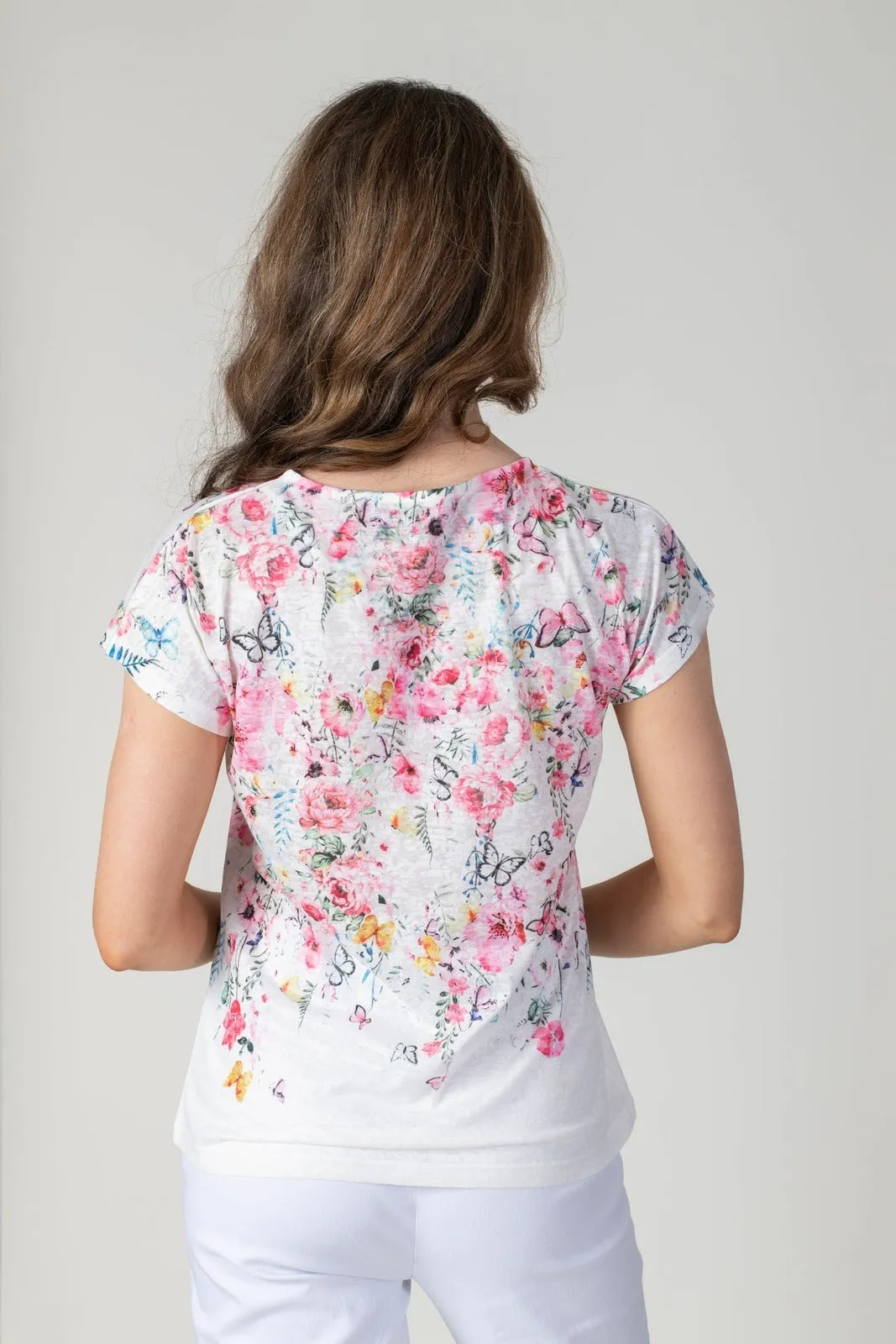 V Neck Floral T-Shirt - Pink