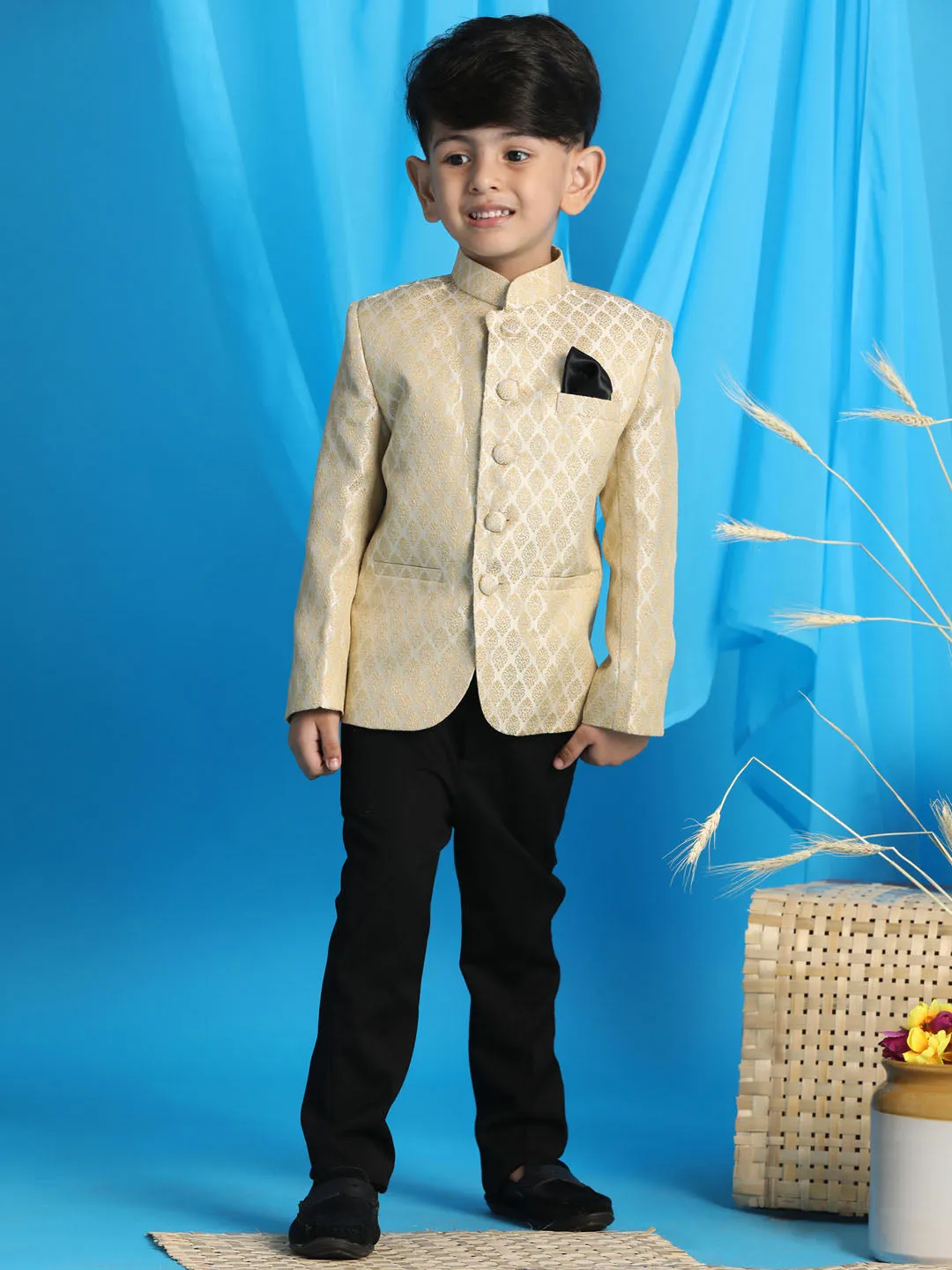 Vastramay Boy's Cream Woven Silk Blend Jodhpuri