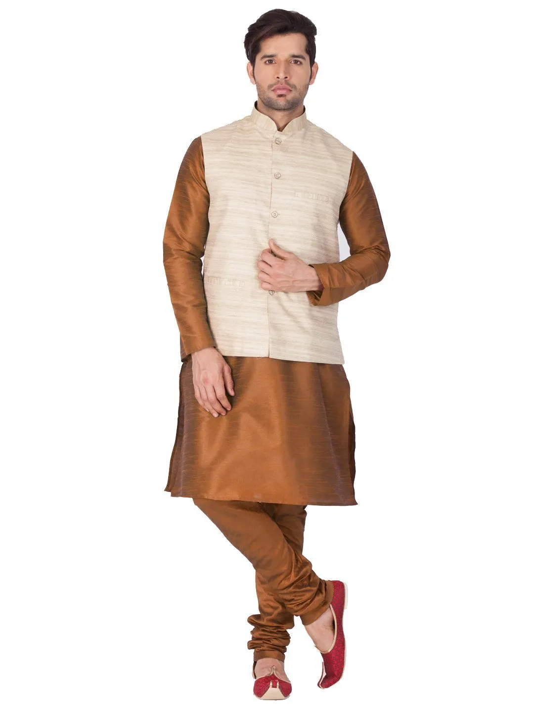 VASTRAMAY Men's Brown Cotton Silk Blend Kurta, Ethnic Jacket and Pyjama Set