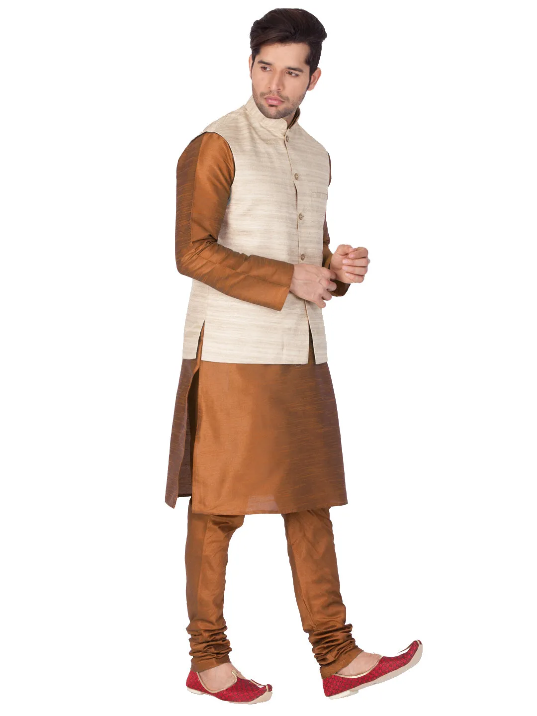 VASTRAMAY Men's Brown Cotton Silk Blend Kurta, Ethnic Jacket and Pyjama Set