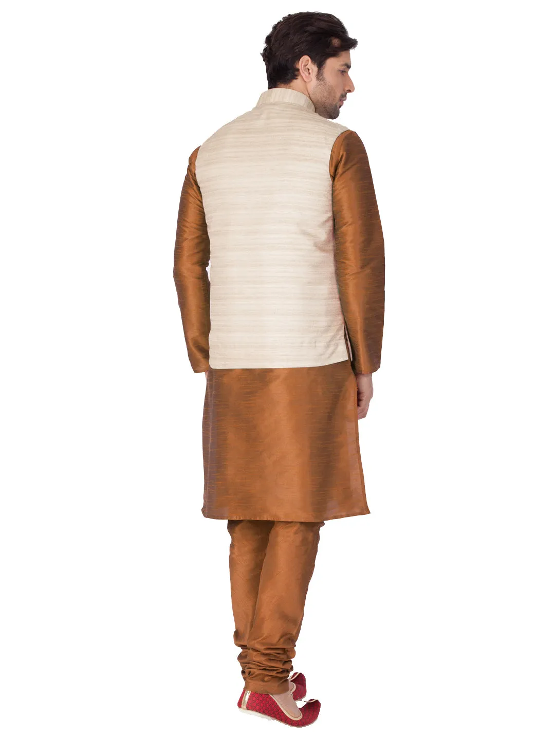 VASTRAMAY Men's Brown Cotton Silk Blend Kurta, Ethnic Jacket and Pyjama Set