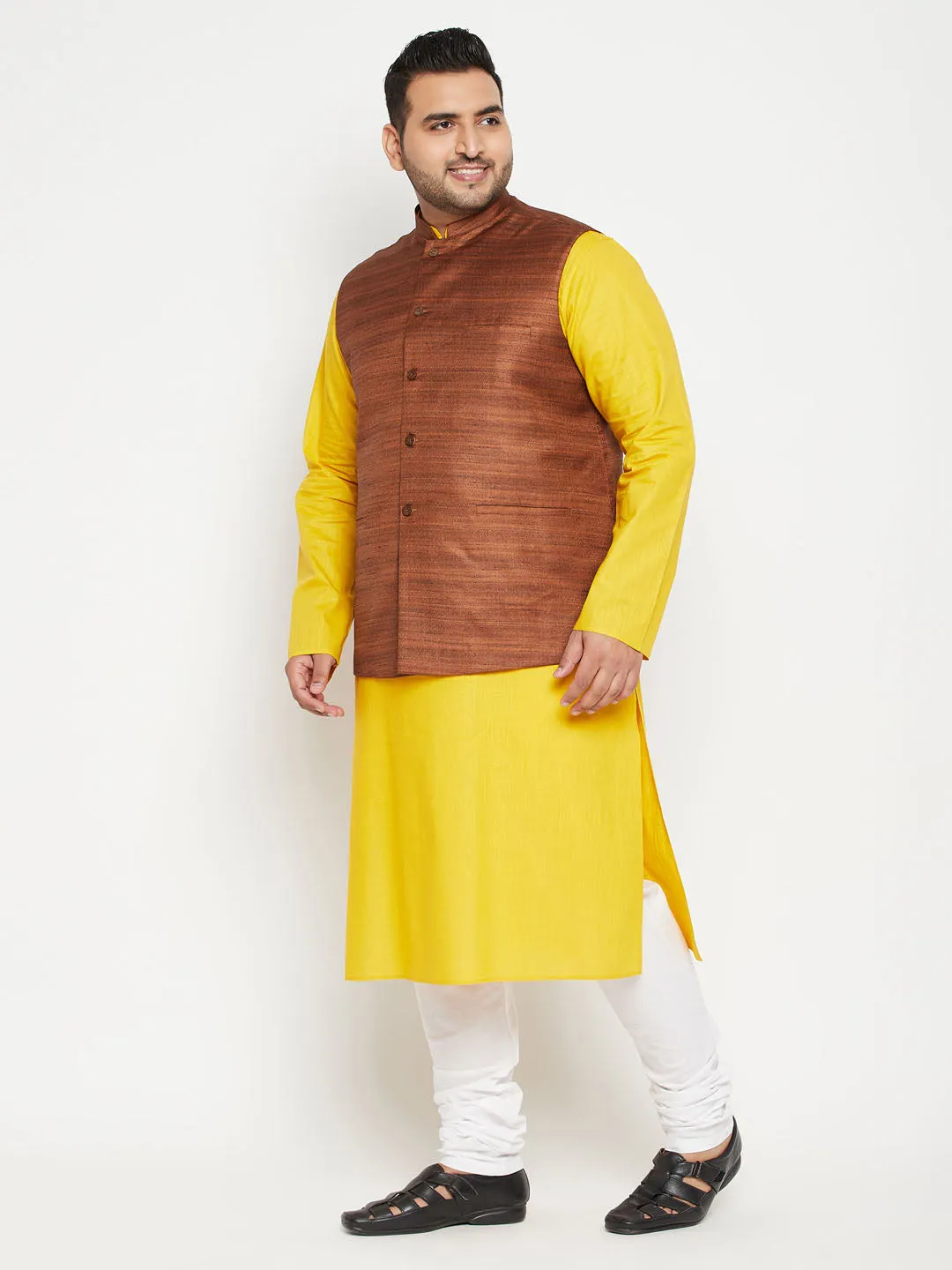 VASTRAMAY Men's Plus Size Mustard and Coffee Brown Cotton Blend Jacket Kurta Pyjama Set