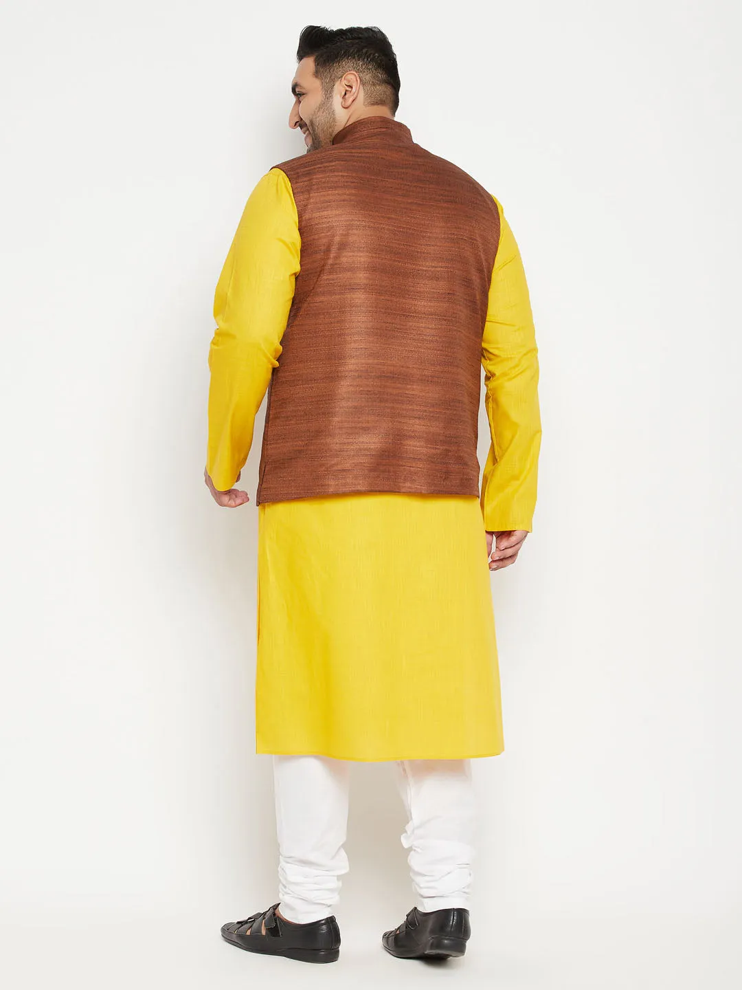 VASTRAMAY Men's Plus Size Mustard and Coffee Brown Cotton Blend Jacket Kurta Pyjama Set