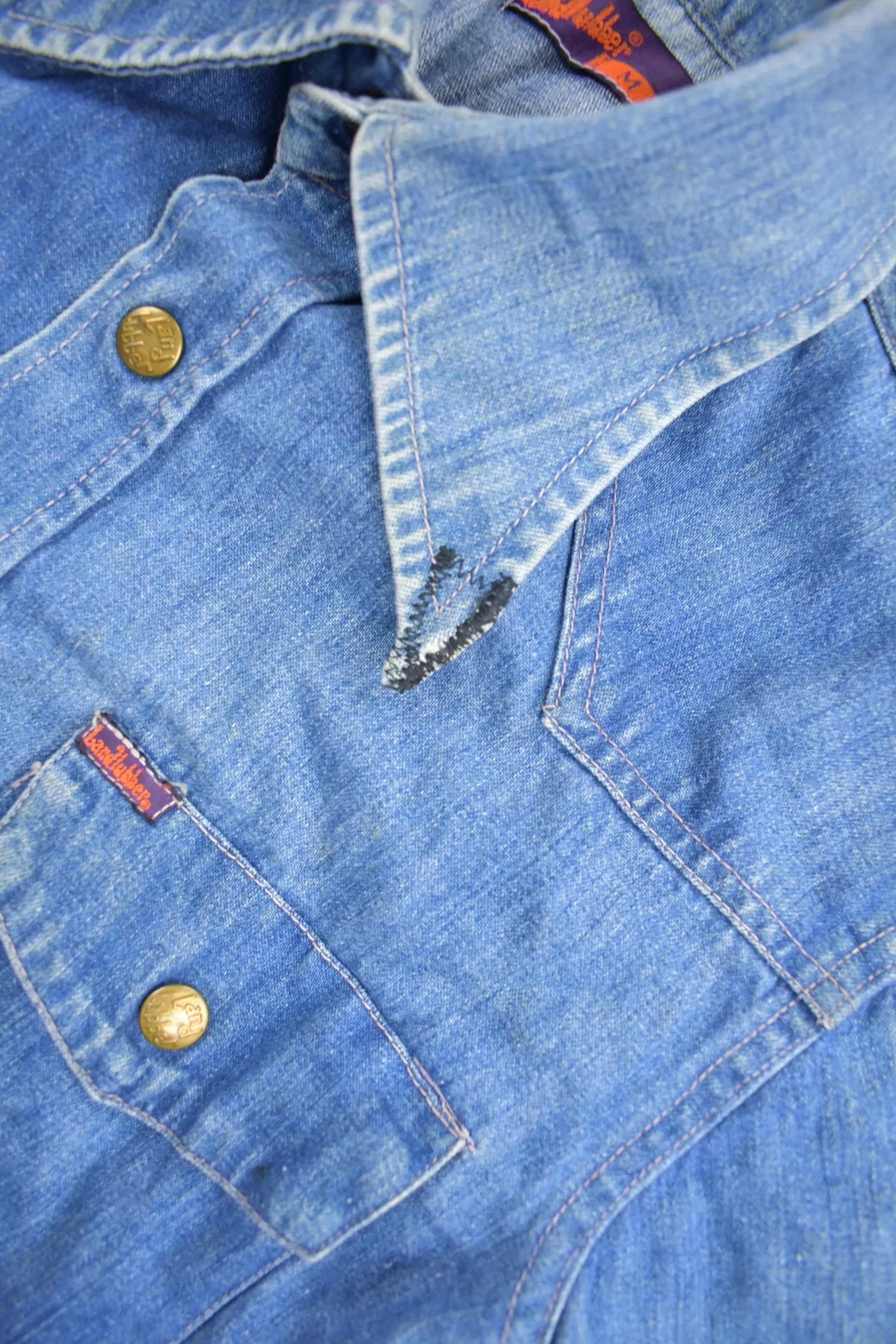 Vintage 1970s Land Hubber Denim Button Up Shirt / 1970s Button Up / Vintage Flannel / True Vintage / Snap Button