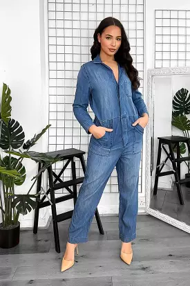 Washed Faded Denim Smart Collar Jumpsuit