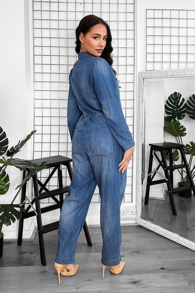 Washed Faded Denim Smart Collar Jumpsuit