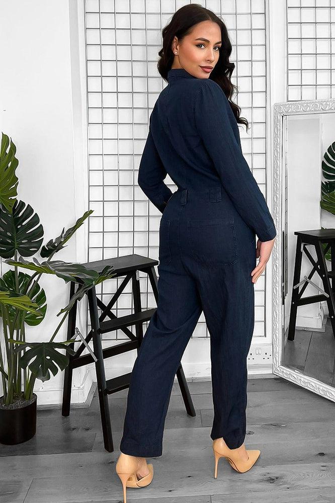 Washed Faded Denim Smart Collar Jumpsuit