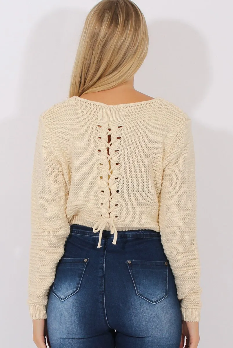 White Back Lace Up Cropped Knitted Sweater - Jenara