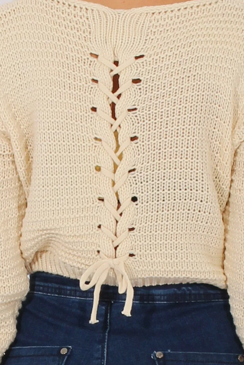 White Back Lace Up Cropped Knitted Sweater - Jenara