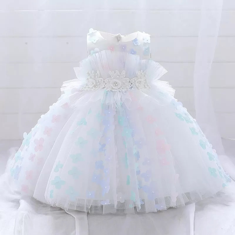 White Pink Baby Lush Flowers Baptism Dress