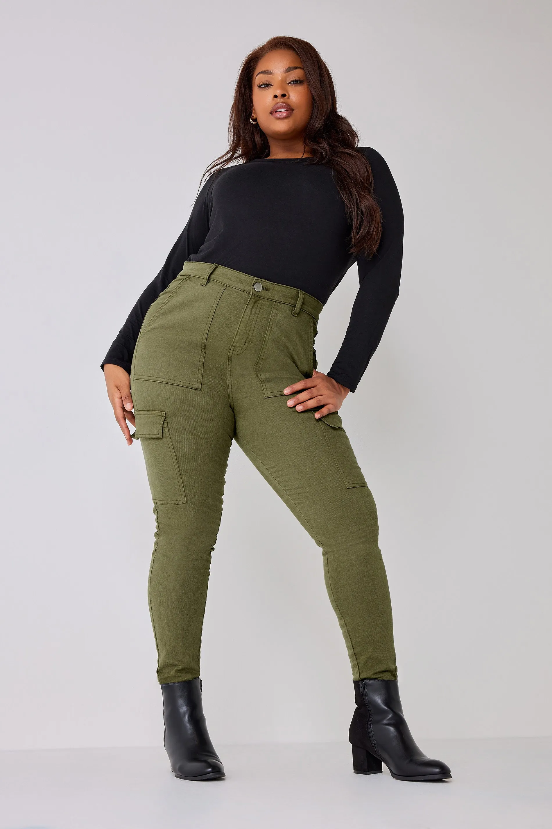 YOURS Curve Khaki Green Cargo AVA Jeans