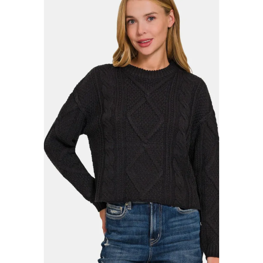 Zenana Cropped High Low Cable Sweater with Side Slits