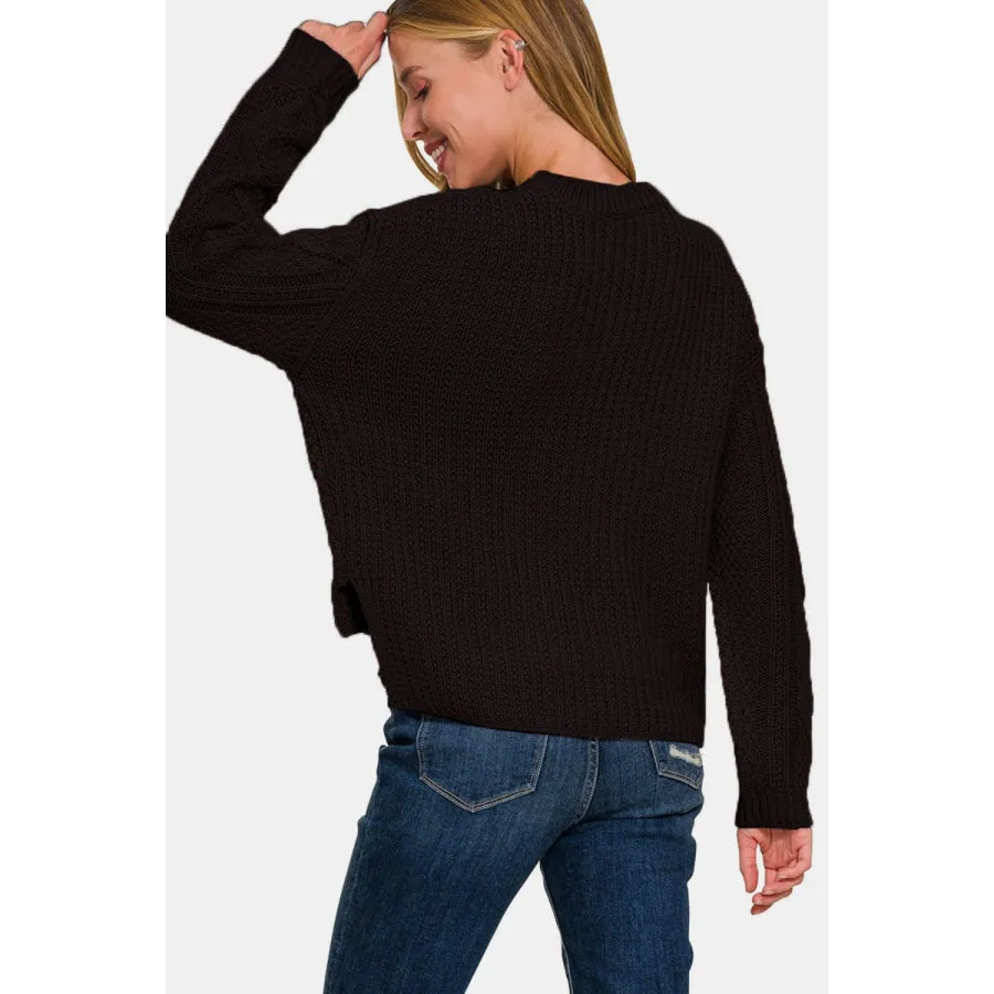 Zenana Cropped High Low Cable Sweater with Side Slits