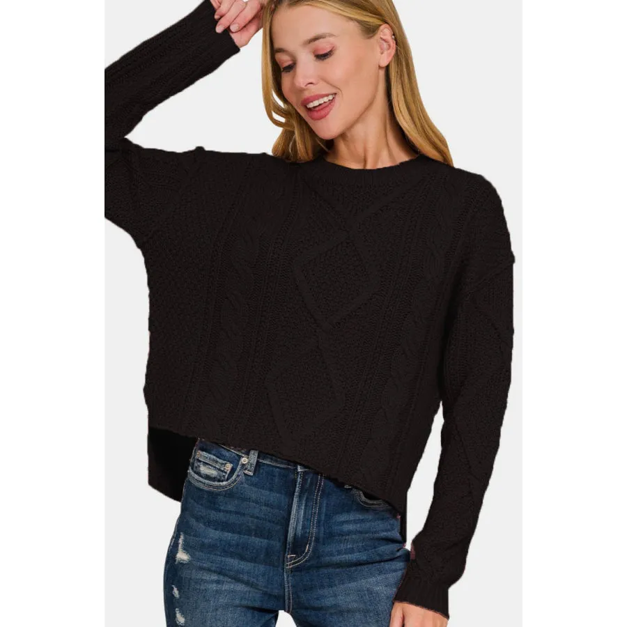 Zenana Cropped High Low Cable Sweater with Side Slits